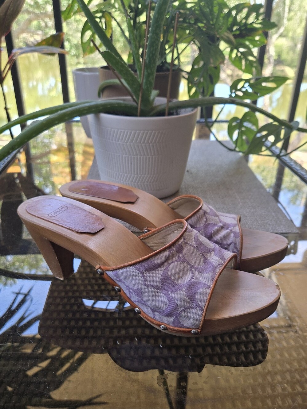 Rare Y2K Coach Jacquard Signature Print Clogs Heels Mules Sandals Lavender Lilac